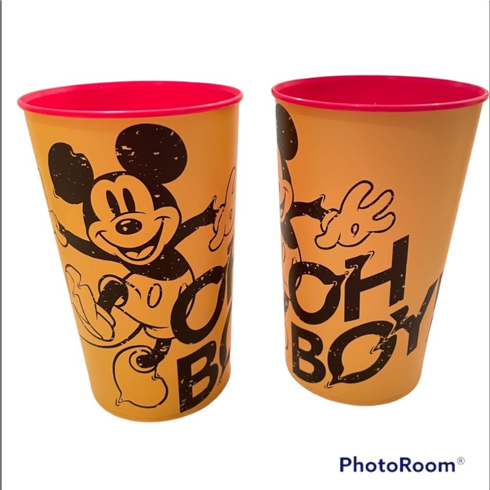 2 Mickey Mouse Plastic Cups Tumblers 22 oz "OH BOY" Spellout Yellow Red